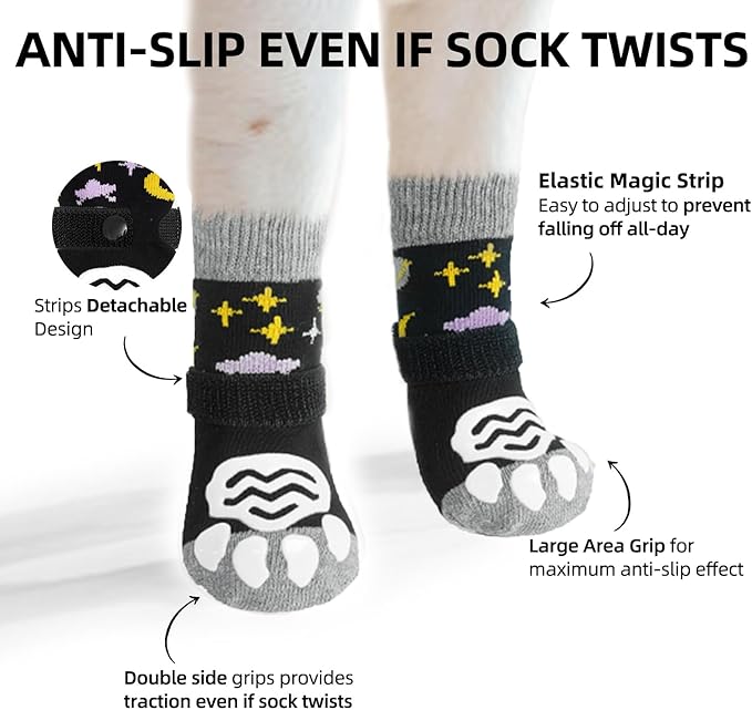 PUPTECK Anti Slip Dog Socks 2 Pairs with Double Grippers for Hardwood Floors, Shoes for Hot/Cold Pavement, Boots & Paws Protectors to Prevent Licking, Traction Booties for Senior Small Large Dogs