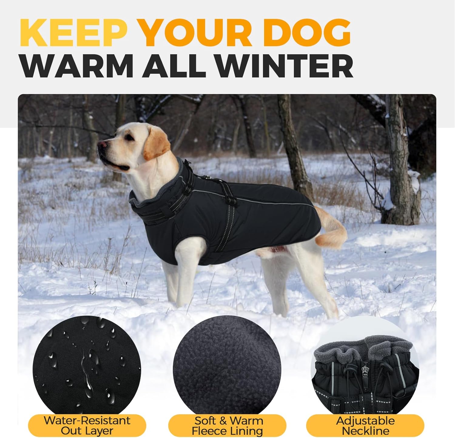 Lelepet Dog Coat with Harness Built in, Waterproof Dog Jacket for Large Dogs Reflective Winter Jacket with Zip Warm Cold Weather Coats for Dogs,Turtleneck Pet Snowsuit, Great Dane, Black, XXXL
