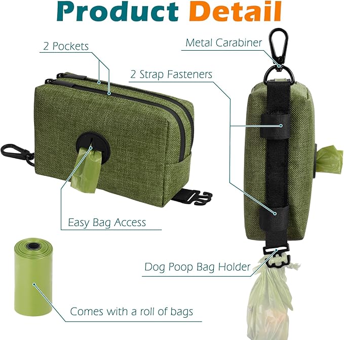 PetBonus Dog Poop Bag Holder, Portable Pet Waste Bag Dispenser, 2 Pouches for Treats and Walking Accessories, Fit All Leashes, Includes 1 Roll of Dog Poop Bags (Army Green)