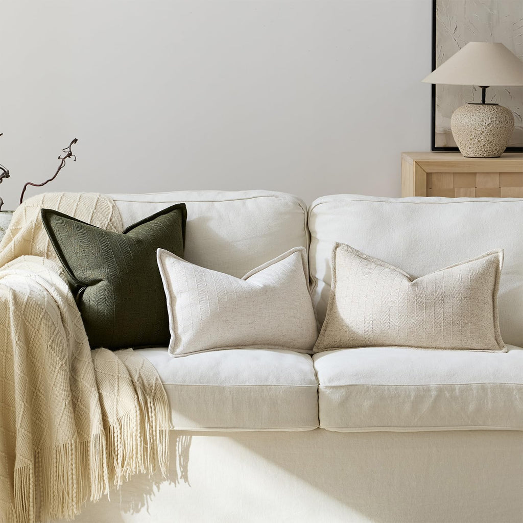 12x20 Linen Pillow Covers Beige Pack of 2 Farmhouse Boho Neutral Accents Striped Textured Rectangular Lumbar Decorative Throw Pillow Cases for Living Room Couch Bed Home Decor