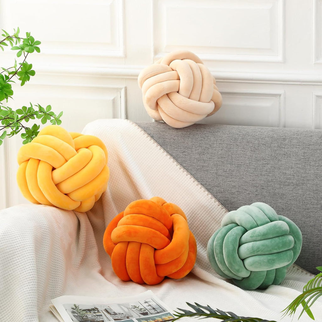 Yerliker 4 Pcs Knot Pillow Ball, 8.7 Inches Soft Home Decorative Round Throw Pillow Handmade Knotted Plush Accent Cushion Gifts for Nursery Decor Home Bed Sofa Bedroom Decoration