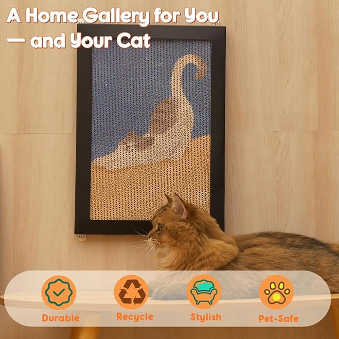 Wall Art Cat Scratcher, Decorative Vertical Cat Scratching Board, 17x12 Framed Cardboard Scratch Pad with Renter-Friendly No-Drill Wall Mount, Indoor Cat Toy & Furniture Protector(Stretching Kitty)