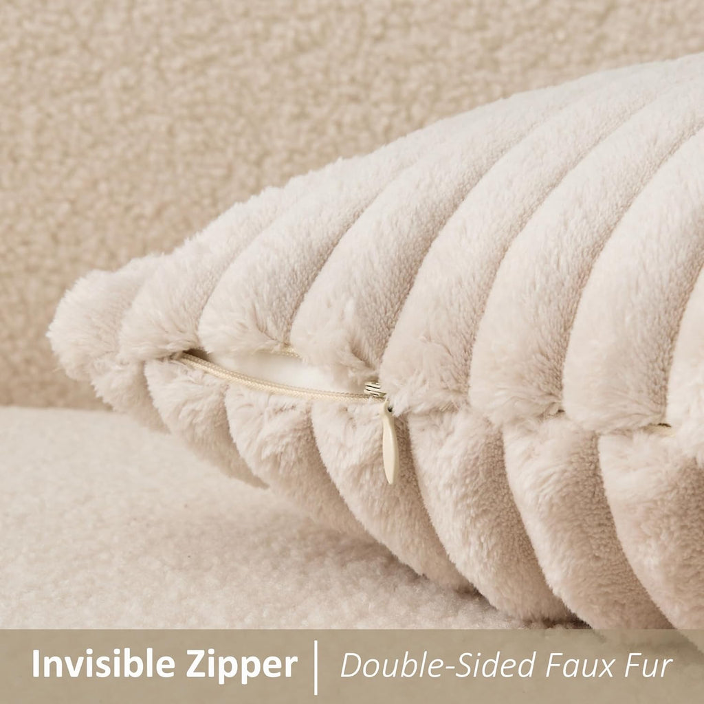 Kevin Textile Soft Plush 14x24 Inch Lumbar Pillow Cover 1 Pack, Luxury Fluffy Faux Fur Striped Flannel Rectangle Cushion Case for Couch Sofa Chair Bed Home Decor, Beige