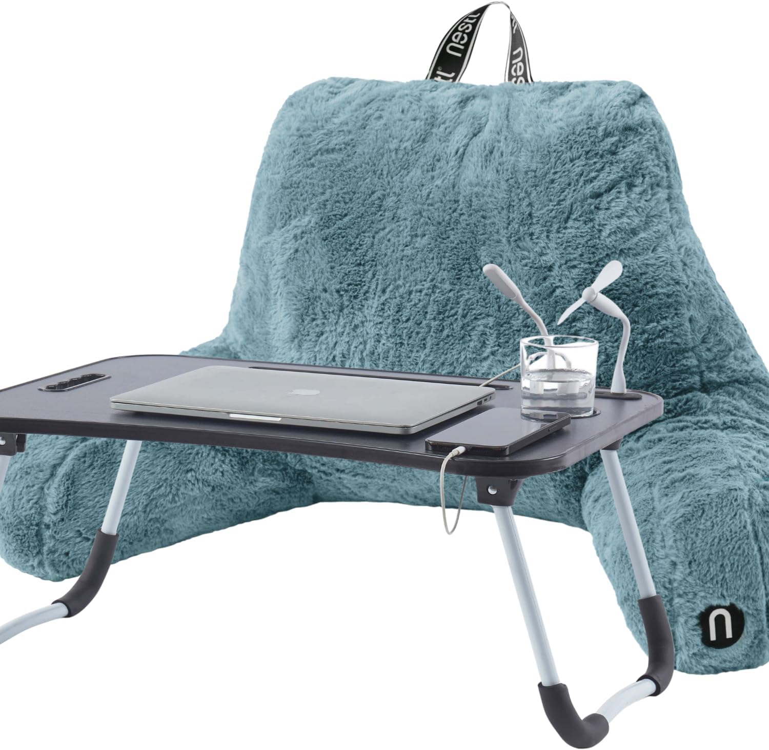 Nestl Fur Reading Pillow with Laptop Lap Desk, Stylish Back Pillow for Sitting Up, Lap Desk with Reading Pillows for Sitting in Bed Adult & Kids, Faux Fur Chair Pillow with Arms - Stone Blue