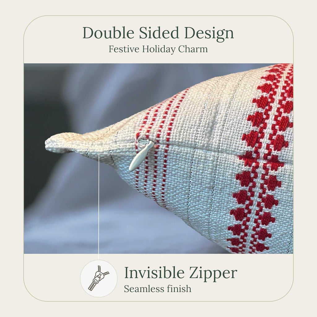 SanVia Winterberry Premium Cotton Throw Pillow Covers,20x20 inch,Red White Shimmer Stripe,Luxury Holiday Themed Handwoven Couch Pillow Covers,Hidden Zipper,Home Décor Cushion Cover,Insert Not Included