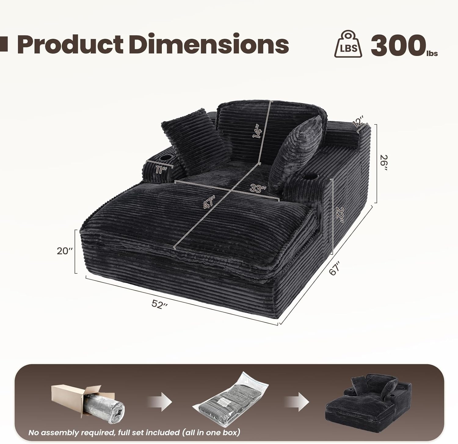 67" Chaise Lounge Chair Indoor, Cozy Oversized Fluffy Sofa with Cup Holders & Throw Pillows, Boneless Sleeper Cloud Couch for Living Room, Movie Room and Apartments, Black