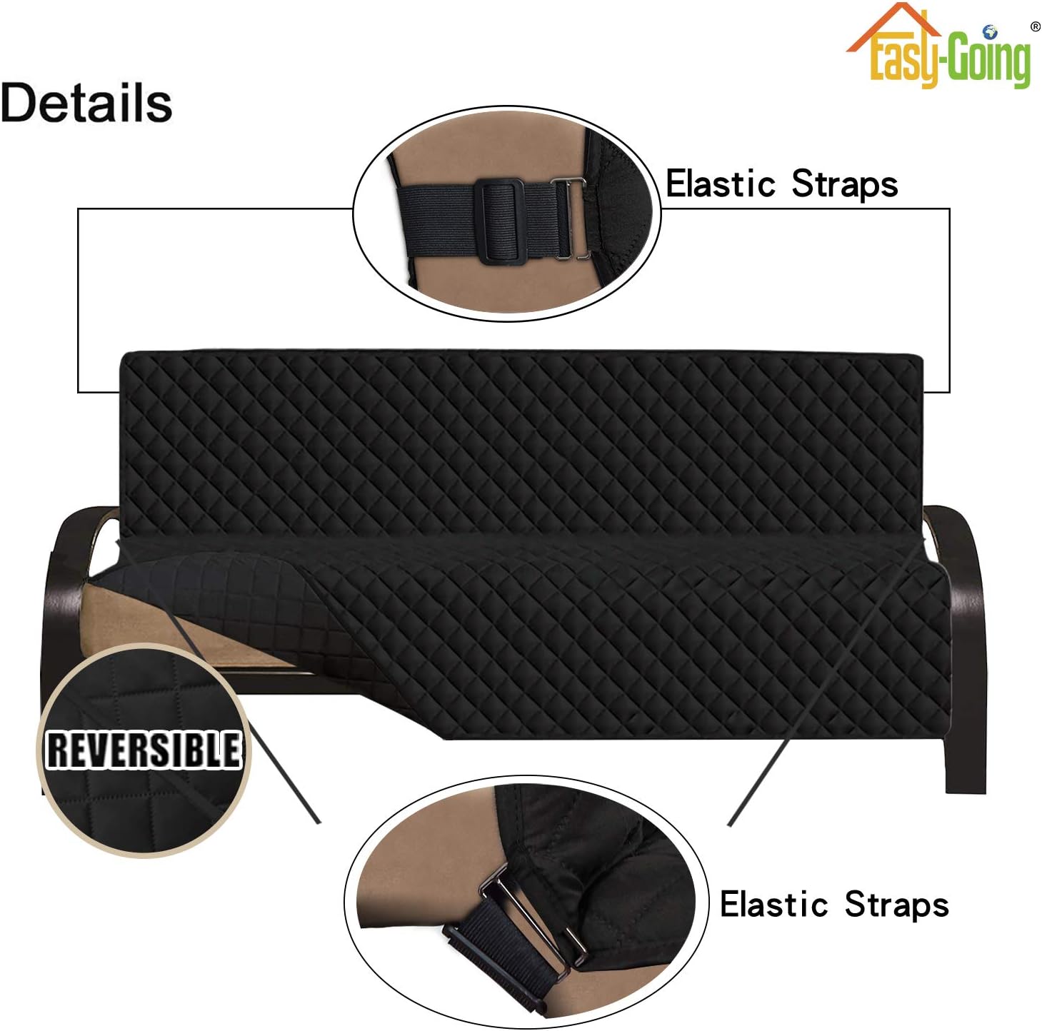 Easy-Going Futon Sofa Slipcover - Reversible Armless Couch Cover - Water Resistant for Pets & Kids (Black/Black)