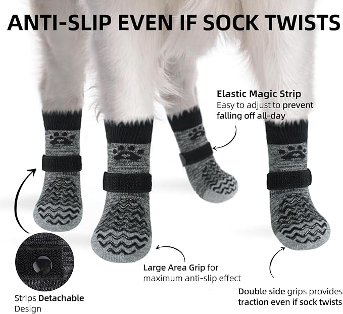 PUPTECK Anti Slip Dog Socks 2 Pairs with Double Grippers for Hardwood Floors, Shoes for Hot/Cold Pavement, Boots & Paws Protectors to Prevent Licking, Traction Booties for Senior Small Large Dogs