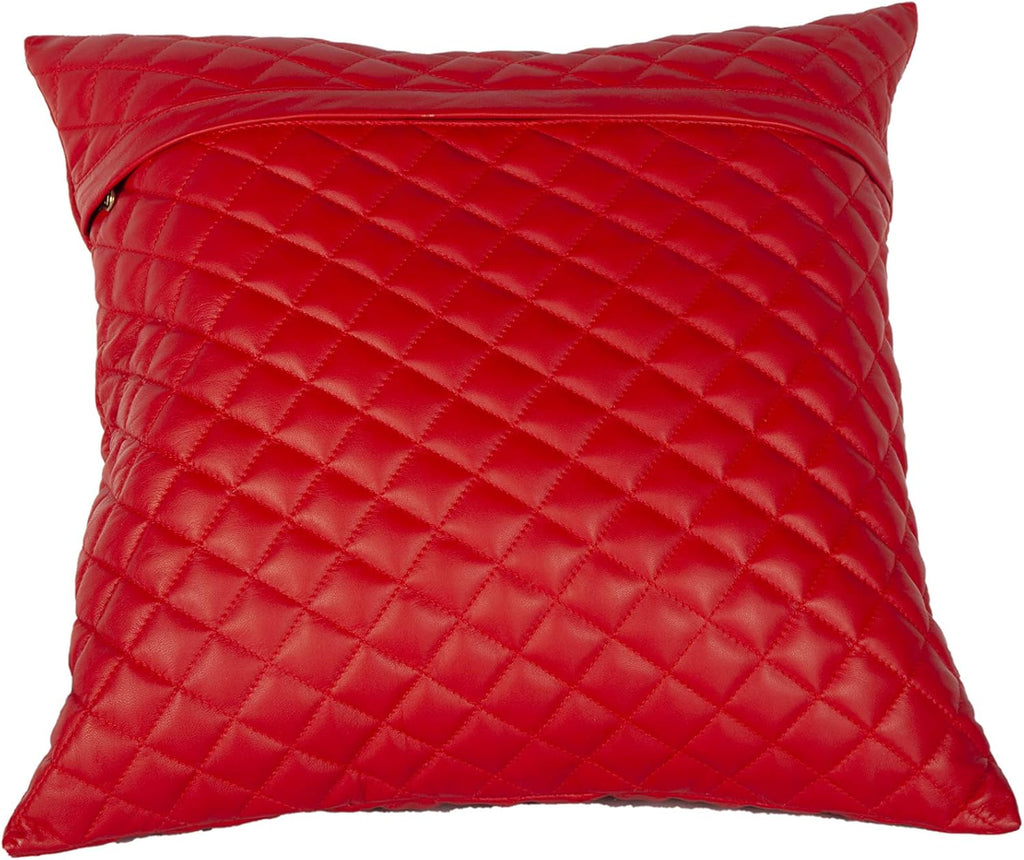 100% Lambskin Leather Diamond Lattice Pattern Pillow Cover - Sofa Cushion Case - Decorative Throw Covers for Living Room & Bedroom - 16x16 Inches - Red Pack of 1