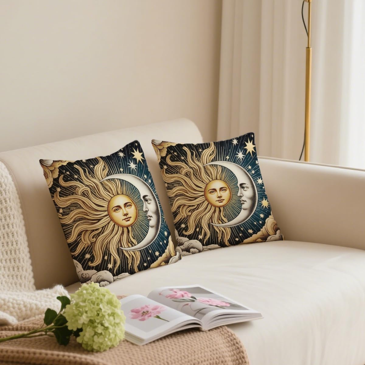 2 Pcs Celestial Sun and Moon Linen Throw Pillow Covers, Elegant Sun and Moon Square Pillowcases Cushion Cover for Women Friend Sister Coworker Birthday Christmas Mothers Day Friendship Gifts
