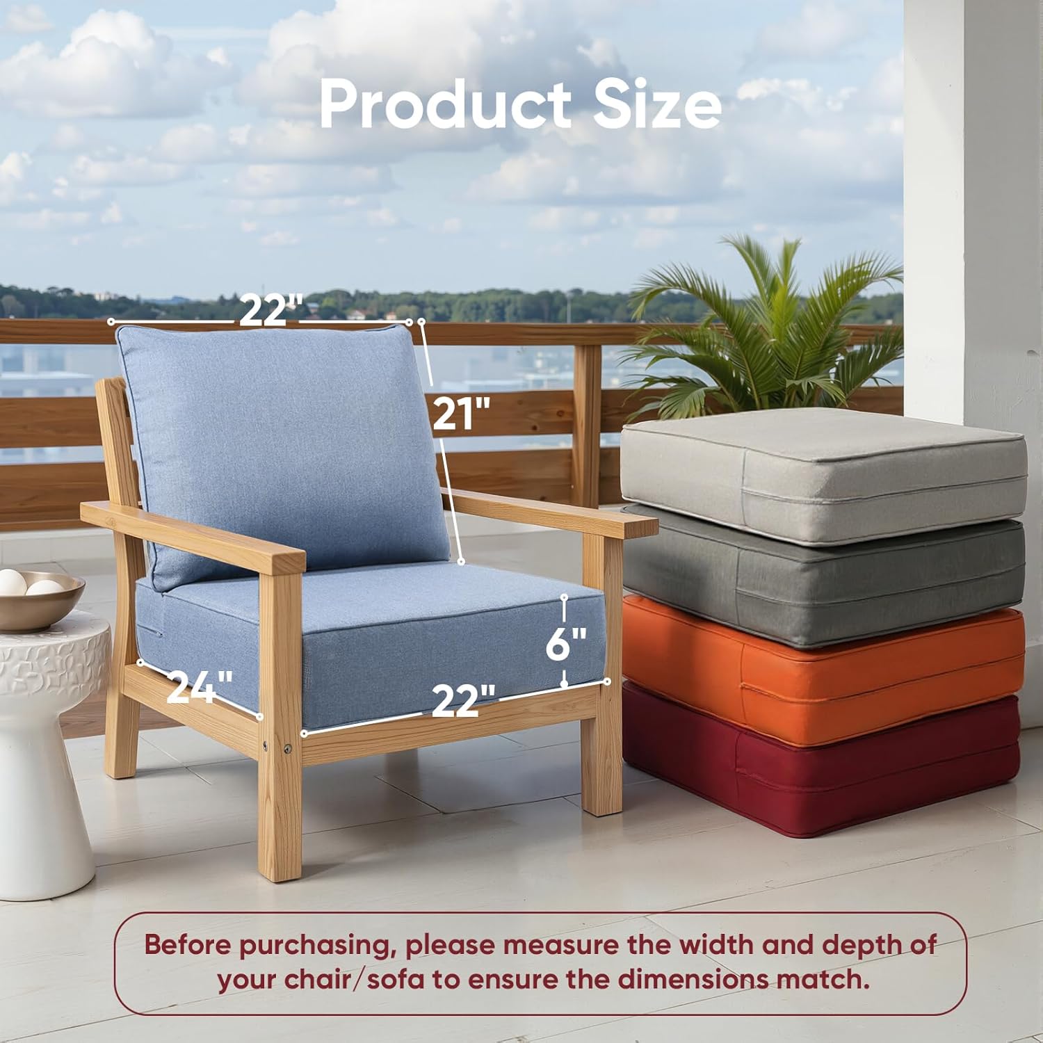 Outdoor Chair Cushion, 6 inch Thick Outdoor Cushions for Patio Furniture, 22x24 Waterproof Patio Chair Cushions, Include 1 Seat Cushion & 1 Back Pillow, Thick/Babyblue