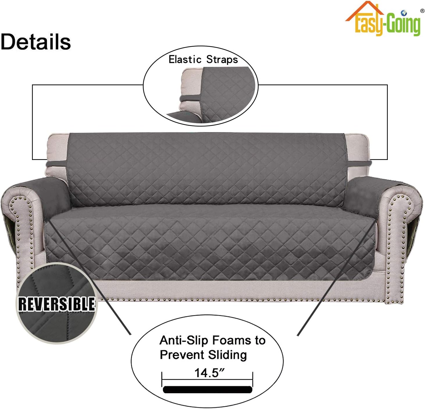 Easy-Going Reversible Couch Cover for 3 Cushion Couch Sofa Cover for Dogs Water Resistant Furniture Protector Cover with Foam Sticks Elastic Straps for Pet Cat (Sofa, Gray/Gray)
