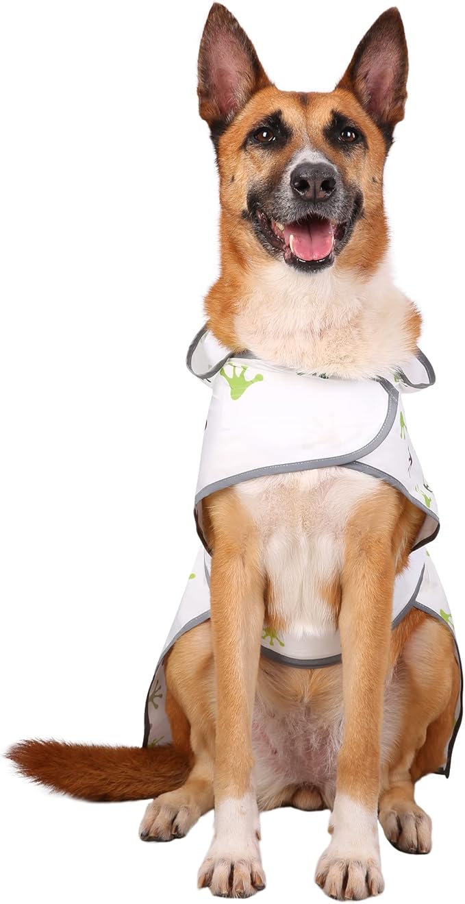 Dog Raincoat for Medium Dogs Waterproof Hooded Rain Jacket with Reflective Strips Leash Hole & Poncho Adjustable Fit (FrogPaw,L)