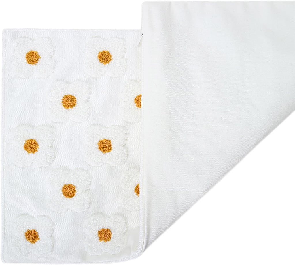 DECOBIRD Embroidery Throw Pillow Cover 12x20 Beige Floral Design Home Decor Loop Embroidered Pillow Case Thick Cotton Canvas Square Cushion Cover for Couch 30x50cm, 4 Petal Flowers 1 Piece