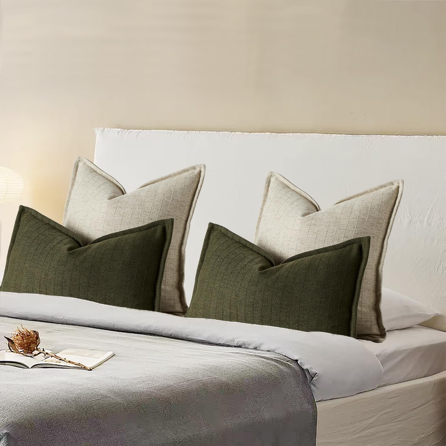 22x22 Linen Pillow Covers Natural Beige Pack of 2 Farmhouse Boho Neutral Accents Striped Textured Square Decorative Throw Pillow Cases for Living Room Couch Bed Home Decor