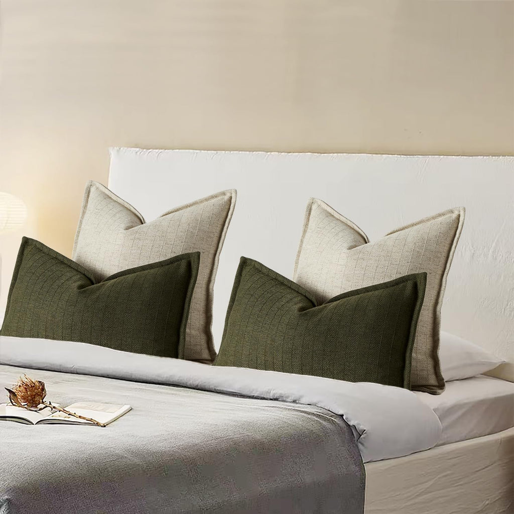 24x24 Linen Pillow Covers Natural Beige Pack of 2 Farmhouse Boho Neutral Accents Striped Textured Square Decorative Throw Pillow Cases for Living Room Couch Bed Home Decor