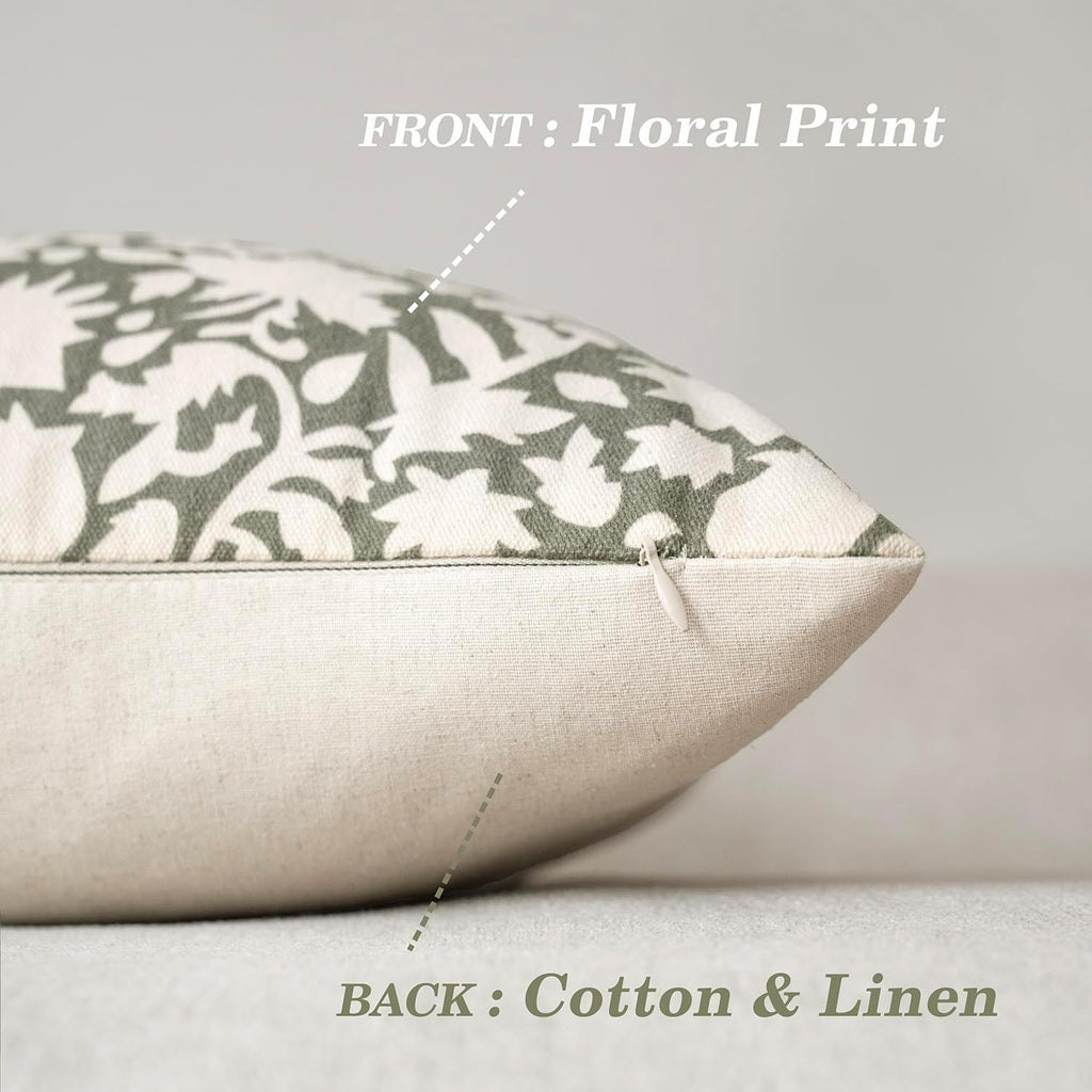 Foindtower Set of 2 Decorative Neutral Floral Throw Pillow Covers Accent Farmhouse Cushion Covers Boho Vintage Pillowcase for Couch Sofa Bedroom Living Room Home Decor,22×22 Inch,Sage Green