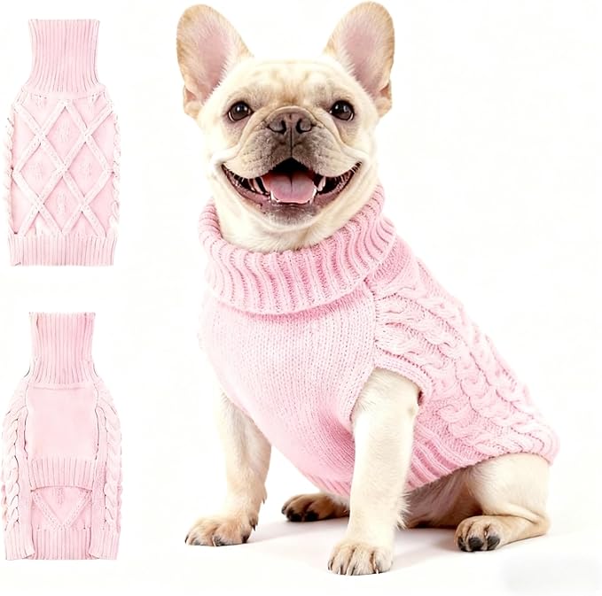 Medium/Large Dog Sweater, Warm Comfy Stretch Dog Winter Coat w/Sleeves & High Neck, Premium Dog Clothes for Bulldog-Best for Holidays, Daily Walks L Pink