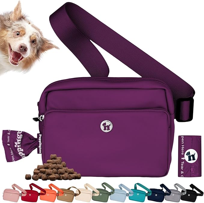 Puppington 3-in-1 Crossbody Dog Walking Bag & Treat Pouch with Matching Planet Safe Poop Bags & Built-In Dispenser - Dog Mom Gift for Puppy Training with Zippered Pockets (Plum Wine)