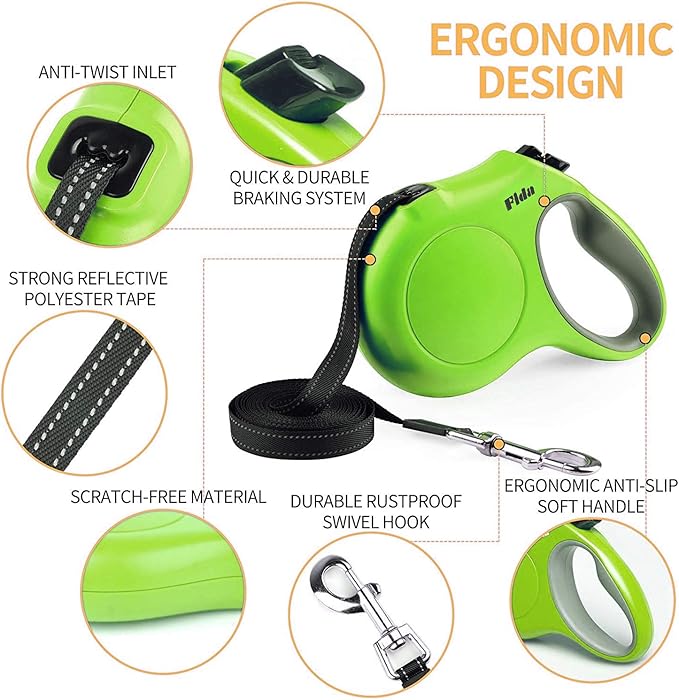 Fida Retractable Dog Leash with Dispenser and Poop Bags, 16 ft Pet Walking Leash for Large Dog up to 110 lbs, Anti-Slip Handle, Tangle Free, Reflective Nylon Tape (L, Green)