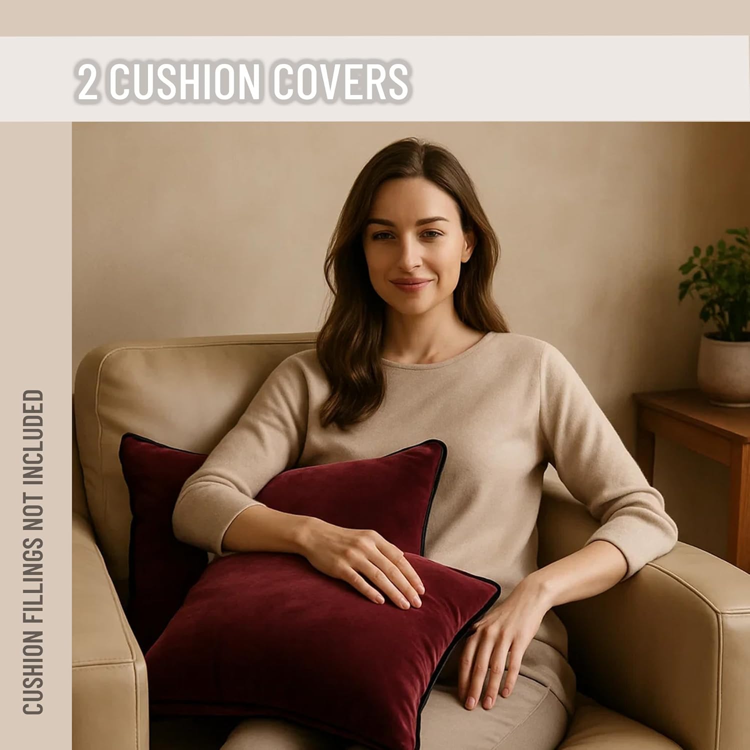 2 Pack Velvet Decorative Throw Pillow Covers, 12"x20", Burgundy, Solid, Modern, Contrast Piping, Indoor Use, Bedroom & Living Room