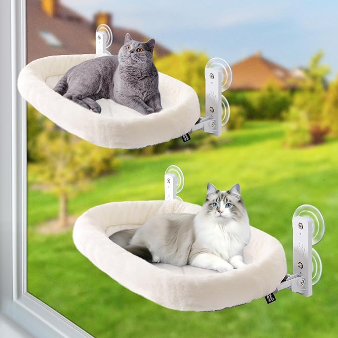 Sunhoo 2PCS Cat Window Perch Hammock Cordless Kitty Sunny Bed Seat Window Sill Shelf for Inside Cats Foldable Lounger with 4 Strong Suction Cups Soft Plush Cover 21*11.8 in Holds up to 40lbs (White)