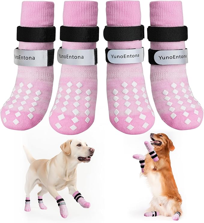 Non Slip Dog Socks to Prevent Licking Paws - for Hardwood Floors Anti Slip - Grippy Socks for Senior Dog - Double Elastic Reflective Straps Prevent Scratching for Hot Pavement. (Pink, S)