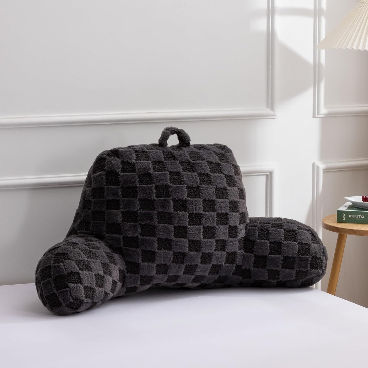 A Nice Night Faux Fur Reading Pillow,Checkered Fluffy Grid Plaid,Bed Wedge Pillow Large Adult Children Backrest with Arms for Bedrest,Darkgrey