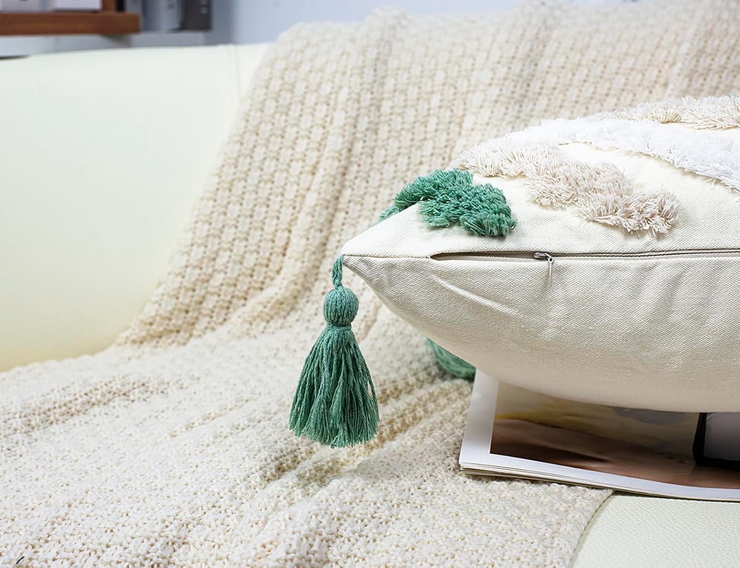 Decorative Farmhouse Throw Pillow Covers 18 x 18,Modern Neutral Couch Pillow Cover,Cotton Checked Pattern Boho Square Pillow Case Cover for Couch Bed Sofa Bedroom,Green&Beige&White