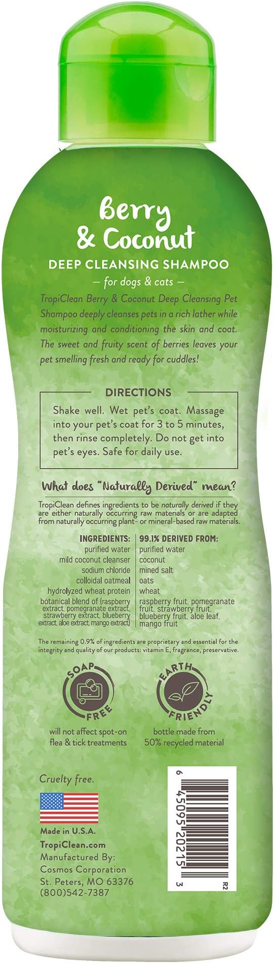 TropiClean Deodorizing Dog Shampoo for Smelly Pets, Long Lasting Odor Control, Puppy Safe, Made in the USA, Berry Scent, Cat Friendly, 20oz.