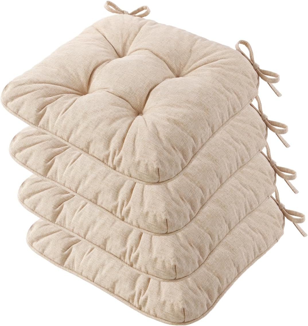 Chair Cushions for Dining Chairs, Tufted Foam Kitchen Chair, Non-Slip Seat Cushions with Ties Set of 4, 15.5" x 15.5" x 4", Beige