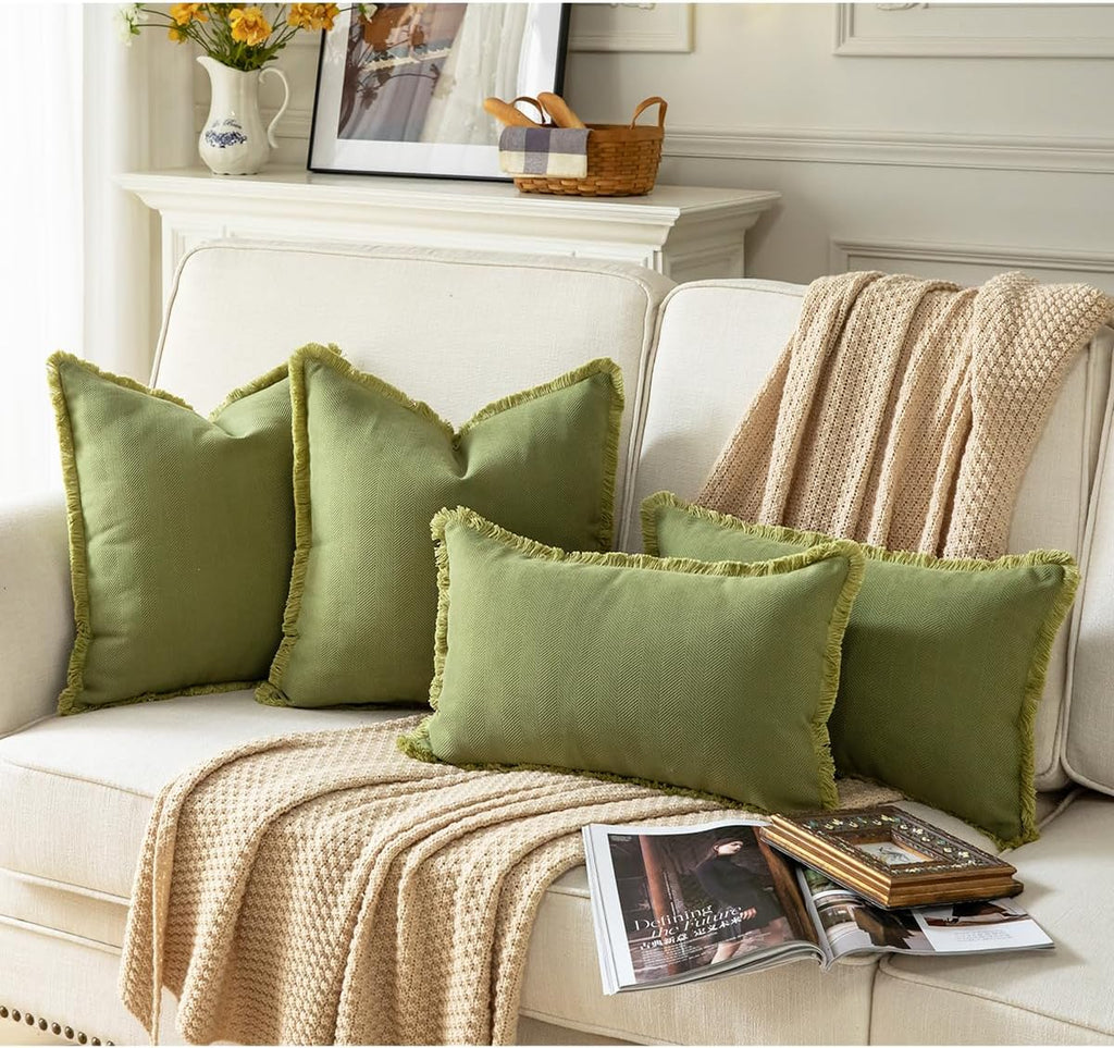 Set of 2 Decorative Fringe Throw Pillow Covers Chenille Pillow Covers Elegant Design Pillowcase Soft Tassels Cushion Cover for Couch Bed Home Decor,20×20 Inch,Olive Green