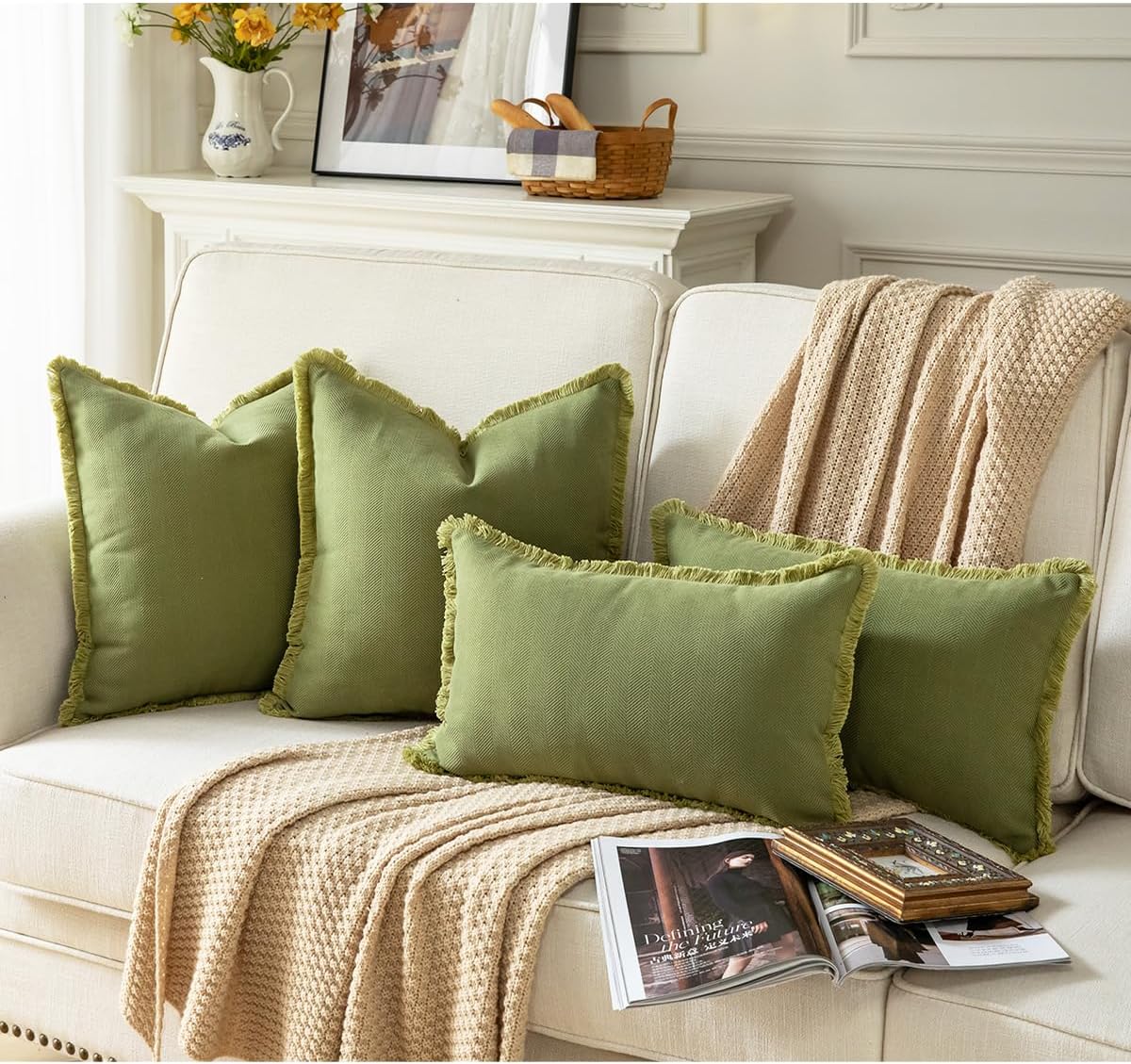 Set of 2 Decorative Fringe Throw Pillow Covers Chenille Pillow Covers Elegant Design Pillowcase Soft Tassels Cushion Cover for Couch Bed Home Decor,18×18 Inch,Olive Green