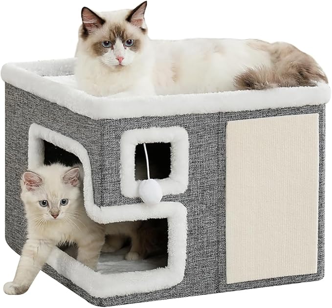 Cat Houses for Indoor Cats, Covered Cave Bed with Scratch Pad and Fluffy Ball, Foldable Cat Hideaway Condo for Large Cats, Modern Kitten Bed,16.5x16.5x13 inches (Grey, Large)