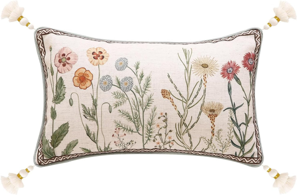 ISAENNE Design Linen Throw Pillow Covers 12"x20", Lumbar Farmhouse Cushion Covers with Yellow Purple Watercolor Wildflower Pattern Decor Pillowcases for Bed,Living Room,Outdoor,Car