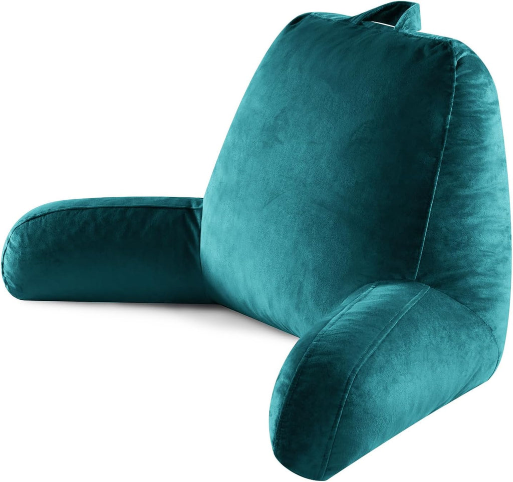 Reading Pillow for Sitting in Bed Adult, Reading Pillow with Shredded Memory Foam, Bed Pillow with Washable Cover, Back Pillow Sitting Up with Extend Arms, Prussian Blue, Large