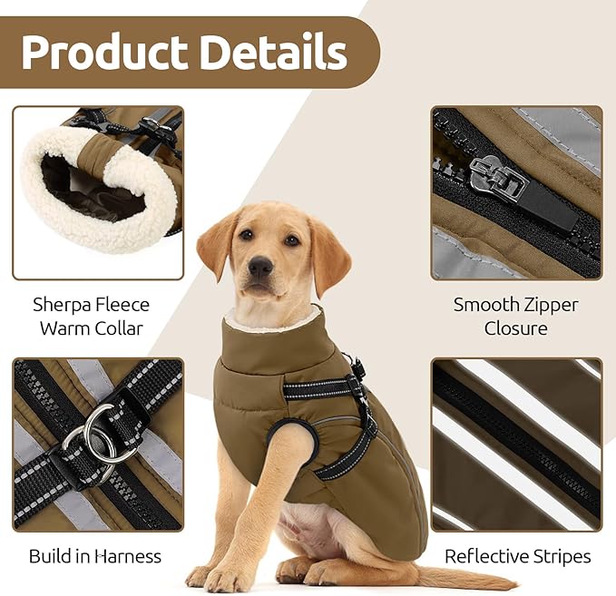 Dog Winter Coat with Harness Built in Warm Puffer Dog Jackets for Small Medium Large Dogs Windproof Waterproof Outfit with Plush Lining and Reflective Stripes (Brown, XL)