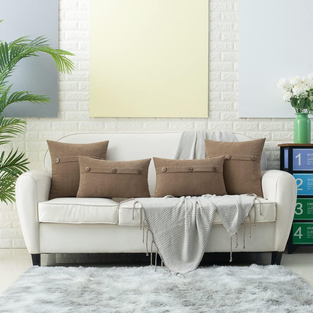 HWY 50 Taupe Chenille Throw Pillow Covers 18x18 Inch with Triple Buttons, Soft Farmhouse Accent Decorative Cushion Cases for Couch Sofa Bed Living Room Pack of 2