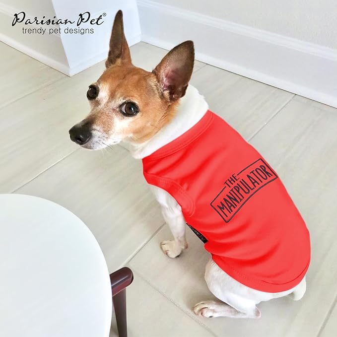 Parisian Pet Dog Tshirt - Embroidered “ Manipulator “ Tank Top - Breathable and Lightweight Dog Clothes - Sleeveless Red Tee Shirts - Machine Washable Shirt for Small Dogs - S