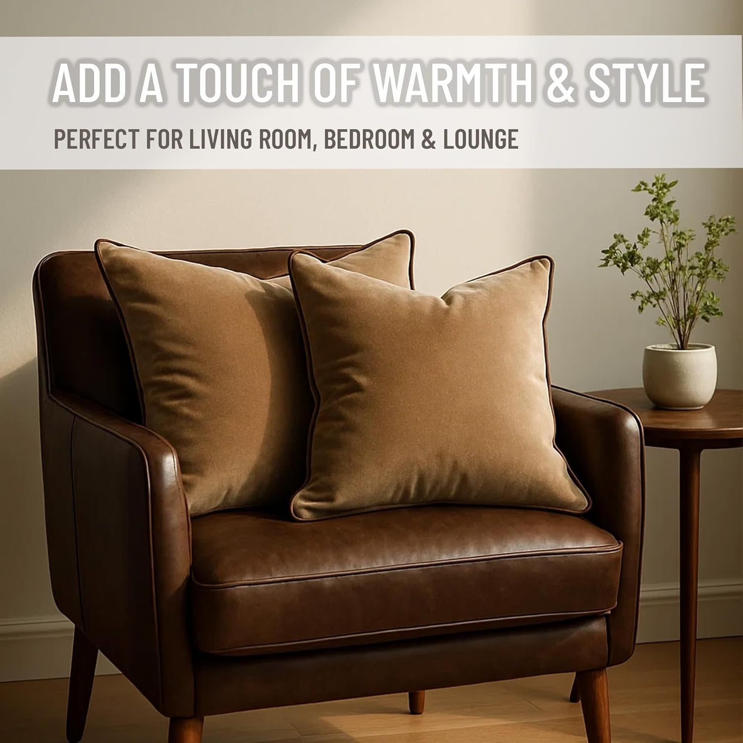 2 Pack Velvet Decorative Throw Pillow Covers, 12"x20", Beige and Brown, Solid, Modern, Contrast Piping, Indoor Use, Bedroom & Living Room