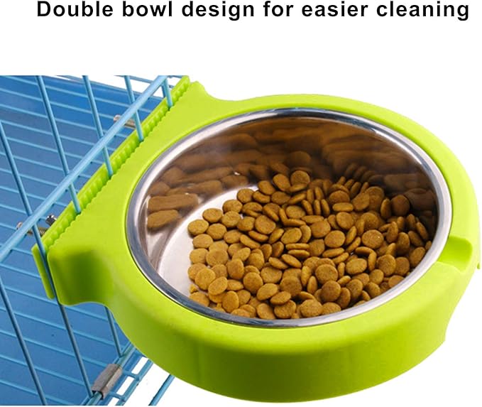Crate Dog Bowl Removable Stainless Steel Water Food Feeder Bowls Cage Coop Cup for Cat Puppy Bird Pets (Small, Green with Corrugated Clip)