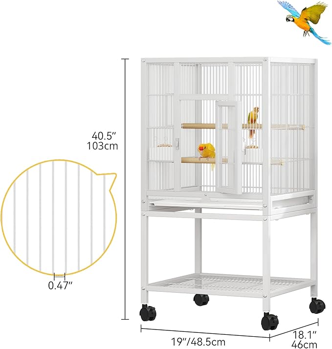 DWVO 41-inch Metal Bird Cage: Large Parrot Cages with Rolling Stand - Features Tray, Food Boxes & Wooden Perches for Parakeets, Lovebirds, Cockatiels, Finches and Pigeons, White