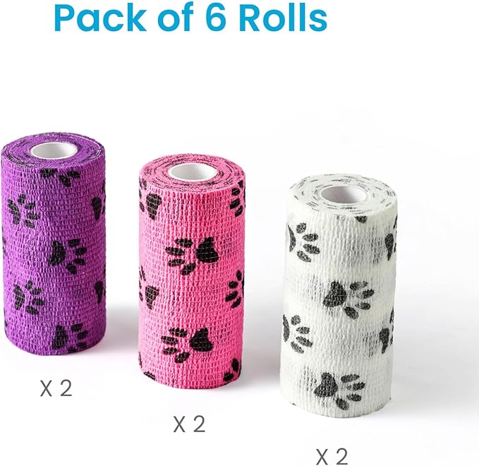 WePet Pet Wrap, Self-Adhesive, Only Sticks to Itself, Non-Woven Tape for Dog Legs, Paws, Wounds, First Aid Cohesive Gauze for Horse, Cat, Bird, Animal, 6 Rolls, 4 Inch, Pawprints B