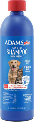 Adams Plus Flea & Tick Shampoo with Precor for Cats, Kittens, Dogs & Puppies Over 12 Weeks Of Age Sensitive Skin Flea Treatment | Kills Adult Fleas, Flea Eggs, Ticks, and Lice| 12 Ounces