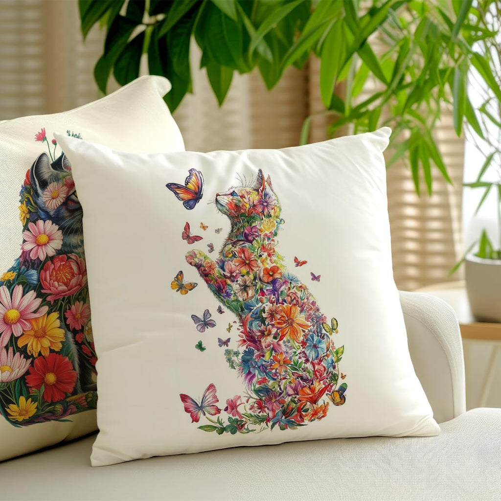 2 Pcs Flower Cat Pillow Covers, Cat Decor Cats Themed Gifts Throw Pillow Square Cushion Covers for Couch Sofa Bed Bedroom Apartment Dorm Living Room Office Home Decor