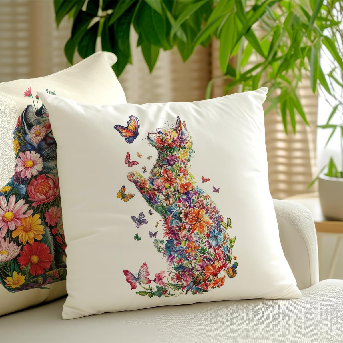 2 Pcs Flower Cat Pillow Covers, Cat Decor Cats Themed Gifts Throw Pillow Square Cushion Covers for Couch Sofa Bed Bedroom Apartment Dorm Living Room Office Home Decor