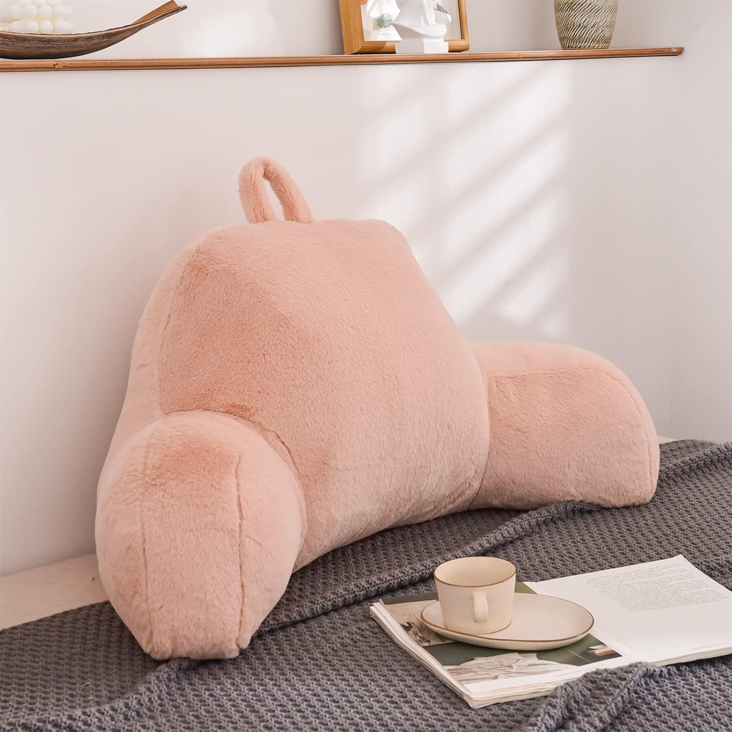 A Nice Night Faux Fur Reading Pillow Bed Wedge Large Adult Children Backrest with Arms Back Support for Sitting Up in Bed/Couch for Bedrest,Pink