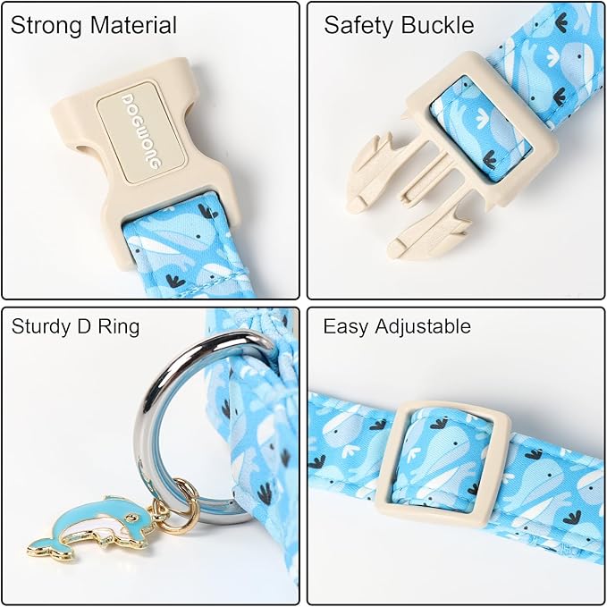 DOGWONG Summer Dog Collar, Cute Blue Whale Dog Collars, Adjustable Summer Shark Pet Collars Boy Male Coastal Beach Necklace for Small Medium Large Dogs