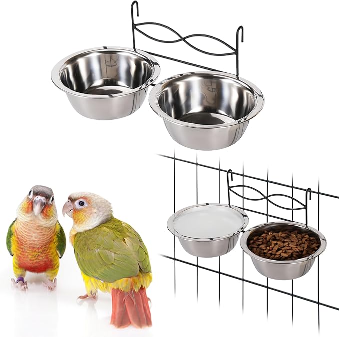 kathson Stainless Steel Bird Bowls for Cage, 2 PCS Metal Pet Food Water Dishes with Holder Feeder Cage Coop Hook Feeder Cups for Birds, Parrots, Small Sized Dogs and Cats (6.7 Inch Dia)