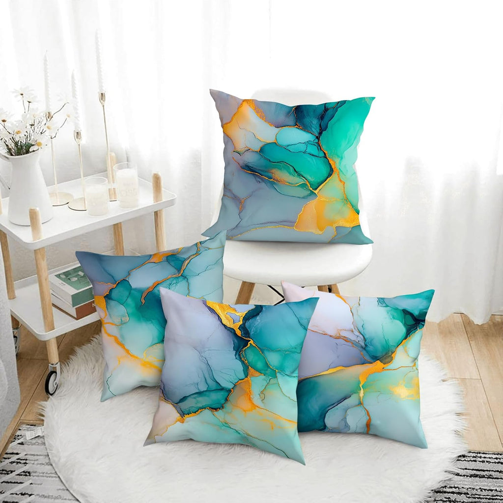 Marble Texture Turquoise Decorative Throw Pillow Covers Teal Gold Pillow Cases for Couch Sofa Chair Livingroom Bedroom Set of 4 18x18 Inch Abstract Modern Cushion Cover